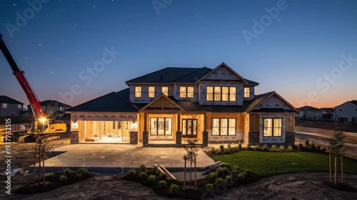 Time-lapse of a new house construction from framing to completion, showcasing the building process and final reveal at night.