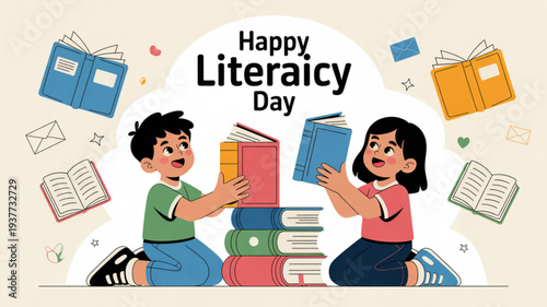 Children celebrating happy literacy day with books and learning materials in a colorful setting