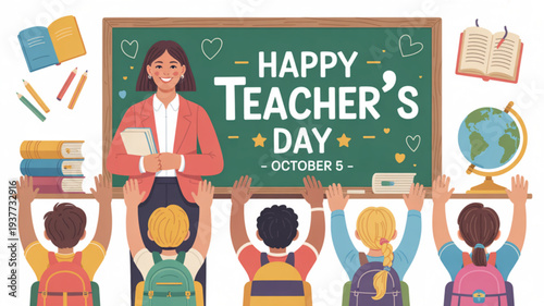 Teacher and students celebrate happy teacher's day on october 5 with colorful classroom decorations