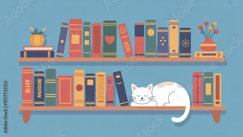 Sleeping white cat on a bookshelf with colorful books and plants cozy library scene