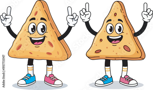 Two happy cartoon tortilla chip characters with arms raised, pointing fingers up, wearing sneakers, isolated vector illustration for food and snack designs