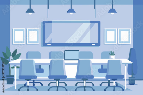 A modern conference room with a large screen and minimalist design