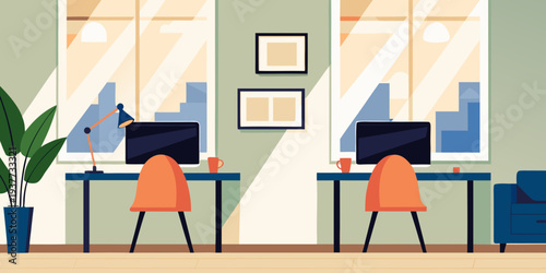 Minimalist illustration of a brightly lit office workspace with two desks