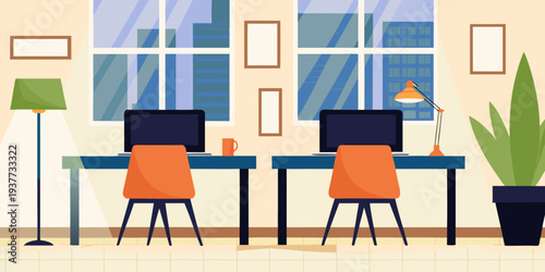 A brightly lit home office featuring two computer workstations and plants