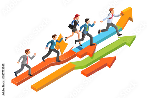Business people running up multiple colored arrows symbolizing growth and success