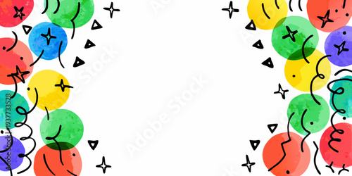 Colorful celebration with balloons confetti and streamers framing a white space