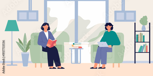 Two women are having a conversation in a brightly lit living room