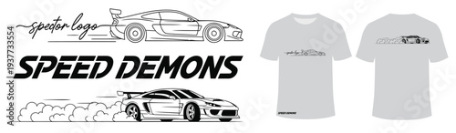 Drifting sports car illustration, Speed Demons graphic with smoke trails, t-shirt design