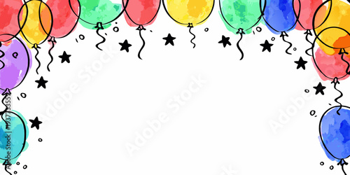 Colorful balloons stars and streamers create a festive celebration border