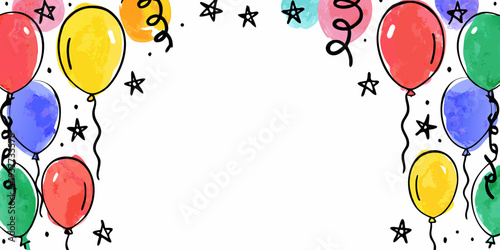 Colorful balloons and stars create a festive celebratory border design