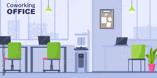 Modern coworking office space with computers chairs and plants