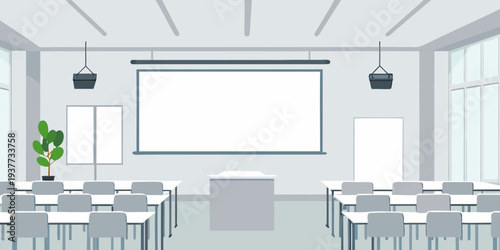 Minimalist classroom with a projection screen and rows of empty desks