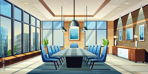 A brightly lit conference room with a large table and city view