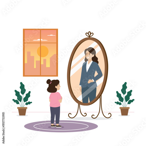 Illustration for Women’s Day, a little girl standing in front of a mirror, reflection shows her future self as a confident leader wearing a business suit, soft glowing transition.
