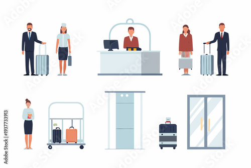 Hotel staff assisting guests with luggage and check in procedures