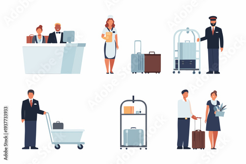 Hotel staff and luggage receptionists bellhops and guests illustrated