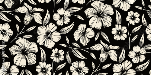 Elegant floral pattern featuring sketched hibiscus and tropical blossoms
