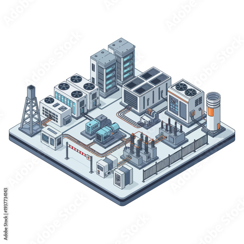 Isometric pixel art city power plant and industrial complex.
