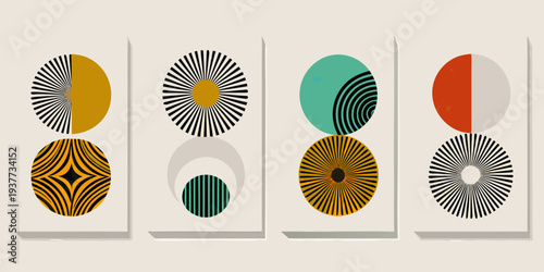 Abstract geometric art prints featuring circles lines and vibrant color palettes