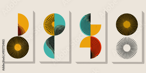 Abstract geometric shapes in warm and cool color palettes displayed vertically