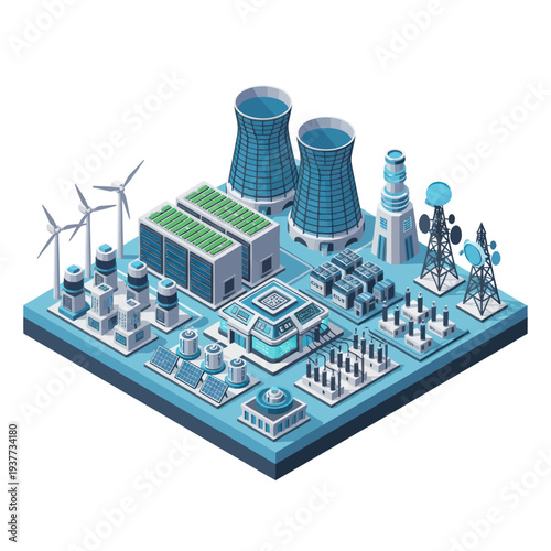 Isometric Power Plant with Wind Turbines and Nuclear Towers.