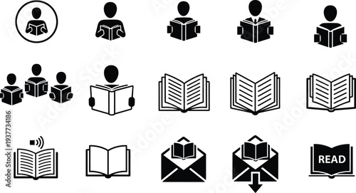 Black and white reading icon set featuring people reading books, open textbooks, library symbols, and educational literature for school, university, literacy, and academic study designs.