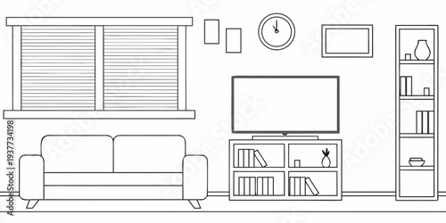 Minimalist living room interior with sofa tv and wall decorations
