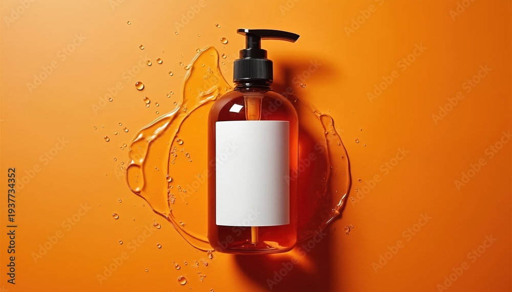 Naklejka premium Amber liquid soap bottle with pump dispenser sits on an orange surface. Clear gel cascades around bottle, with water droplets scattered across. Blank label for branding or product info.