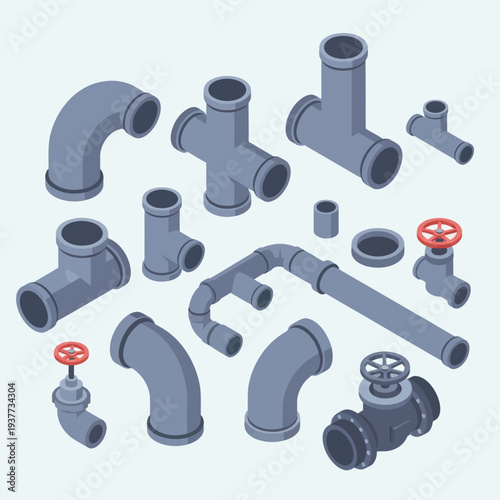 Isometric set of various pipe fittings and valves for plumbing systems.