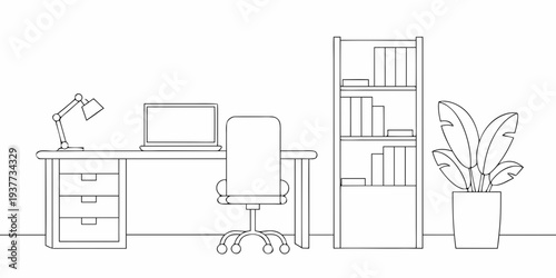 Minimalist line drawing of a modern home office workspace setup