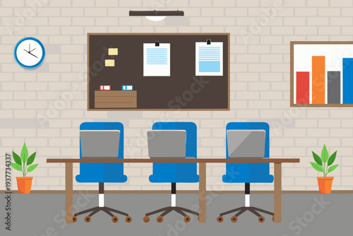 Modern office meeting room with a chalkboard chairs and plants