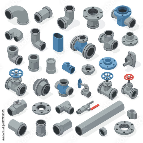 Isometric set of various pipe fittings, valves, and connectors for plumbing and industrial use.