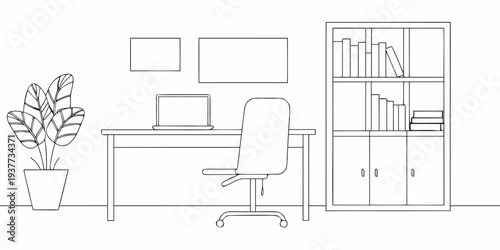 Minimalist line drawing of a home office with plant and desk setup