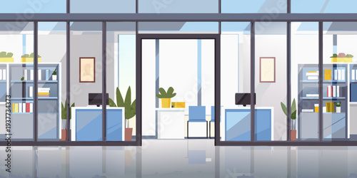 Modern office interior viewed through large glass windows and doorway