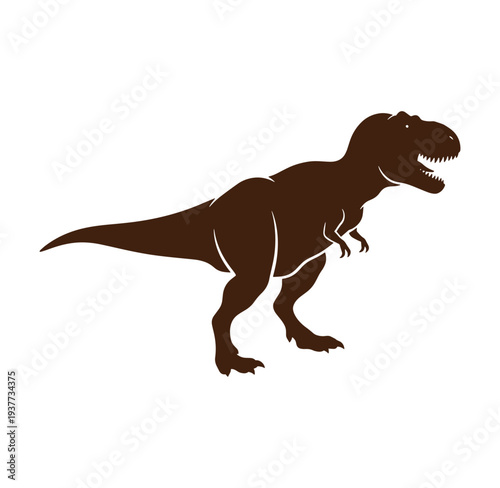 Brown dinosaur silhouette standing on white background looking sideways with mouth open