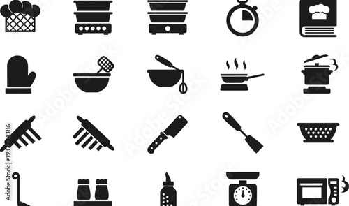 Large collection of minimalist black icons featuring electronic circuit microchips, social media communication symbols, and kitchen cooking tools 