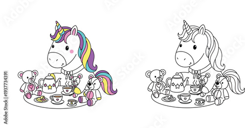 Cute Unicorn and Teddy Bears Having a Magical Tea Party - Children's Playtime Illustration