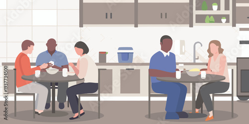 People enjoying a meal together at a kitchen table flat vector illustration