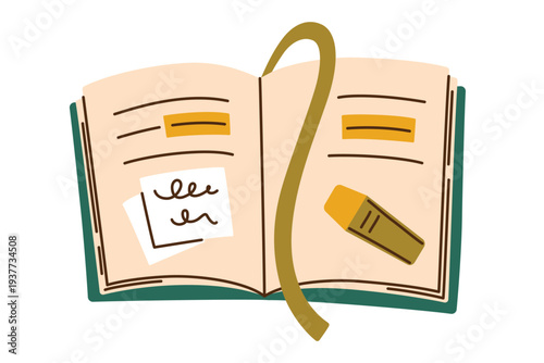 Open diary with highlighted notes, sticky note and yellow marker. Flat vector illustration for planning, organization. Cartoon style, cozy atmosphere for self care, journaling, personal journal icon