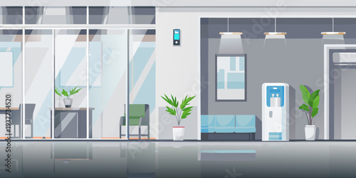 Modern office lobby with glass walls seating and a water cooler
