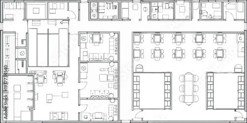 Detailed floor plan of a restaurant or cafe with kitchen and dining areas