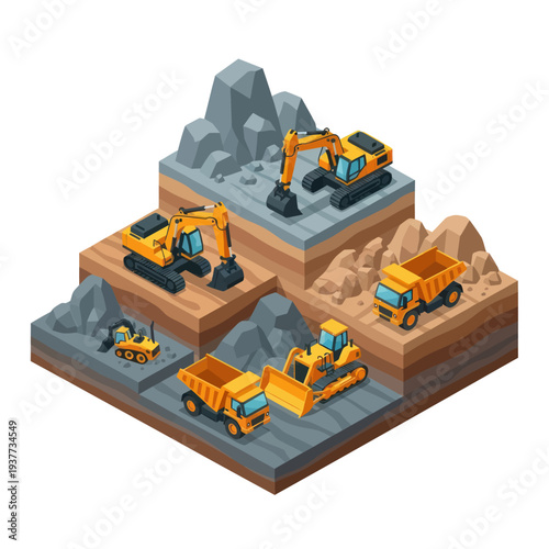 Isometric view of a construction site with various heavy machinery at work.