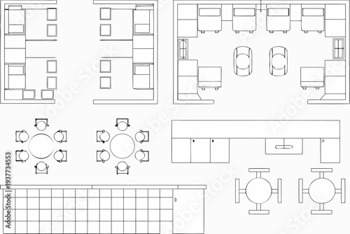 Architectural floor plan featuring office spaces kitchens and dining areas