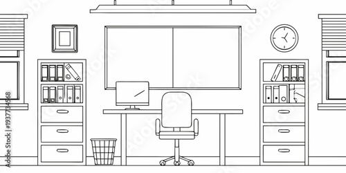 A simple line drawing of a home office workspace arrangement