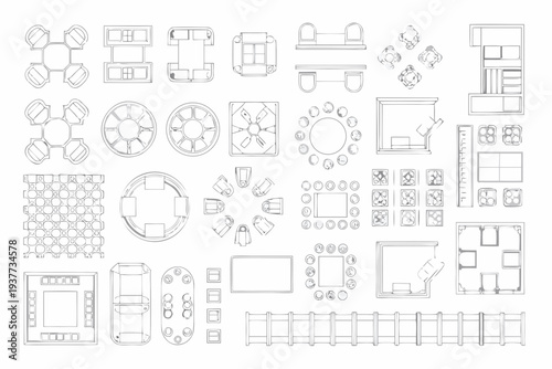 Architectural plans of furniture and interior elements in a top down view