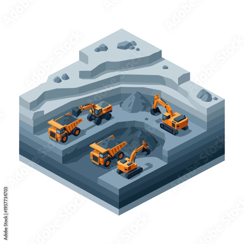 Isometric view of an open-pit mine with heavy machinery.