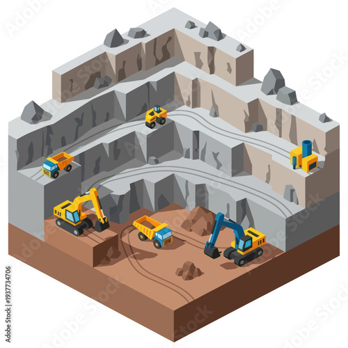Isometric View of an Open Pit Mine with Heavy Machinery and Mining Operations.