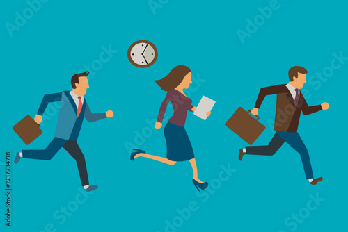 Business people are running quickly emphasizing the pressure of time