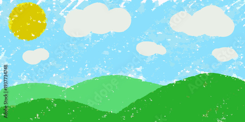 A bright cheerful illustration depicting a sunny day with fluffy clouds and hills