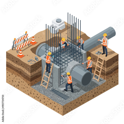 Isometric view of construction workers building a concrete foundation for a large pipe system.